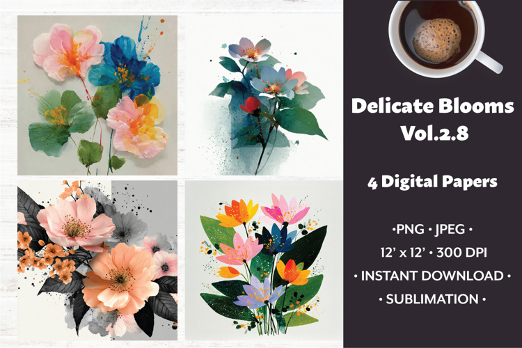 Delicate Blooms Digital Paper Vol. 2.8, 4 PNG & JPEG