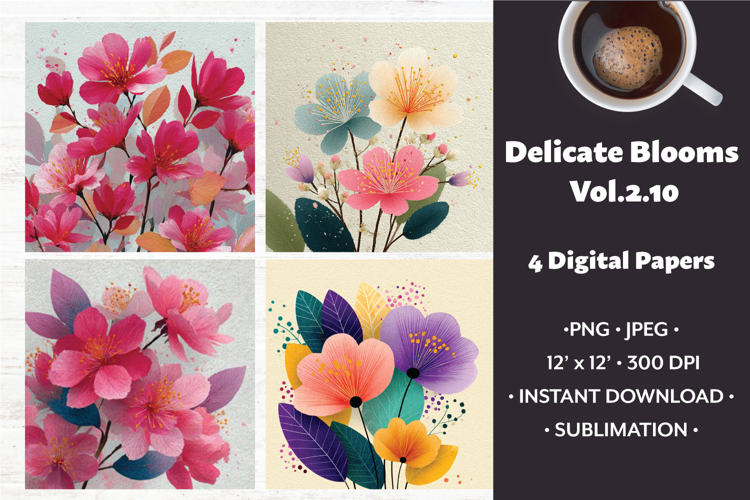 Delicate Blooms Digital Paper Vol. 2.10, 4 PNG & JPEG