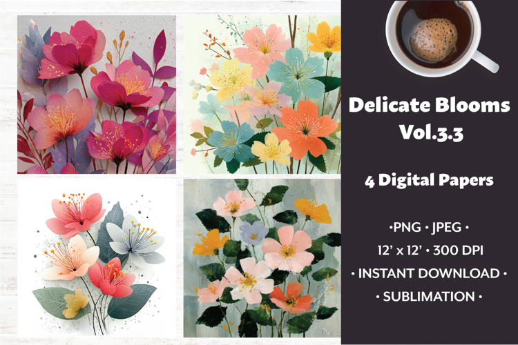 Delicate Blooms Digital Paper Vol. 3.3, 4 PNG & JPEG