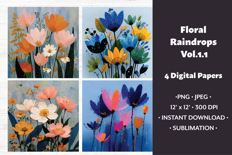 Floral Raindrops Digital Paper Vol. 1.1, 4 PNG & JPEG
