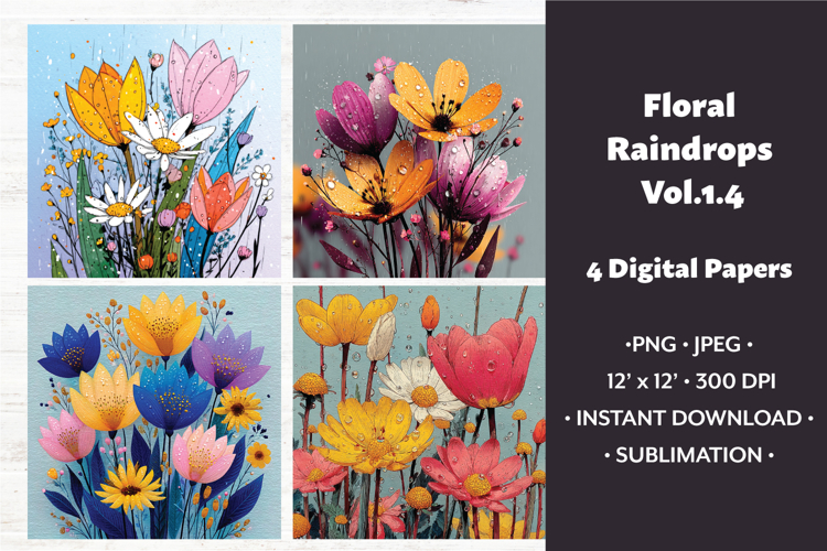 Floral Raindrops Digital Paper Vol. 1.4, 4 PNG & JPEG