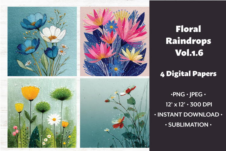 Floral Raindrops Digital Paper Vol. 1.6, 4 PNG & JPEG