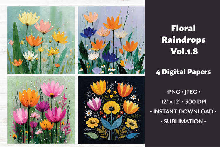 Floral Raindrops Digital Paper Vol. 1.8, 4 PNG & JPEG