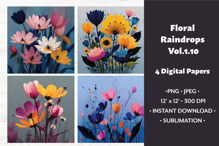 Floral Raindrops Digital Paper Vol. 1.10, 4 PNG & JPEG