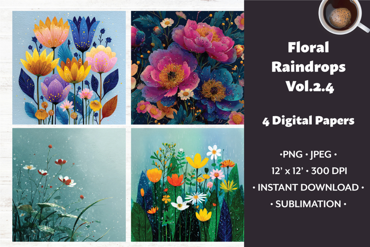 Floral Raindrops Digital Paper Vol. 2.4, 4 PNG   JPEG