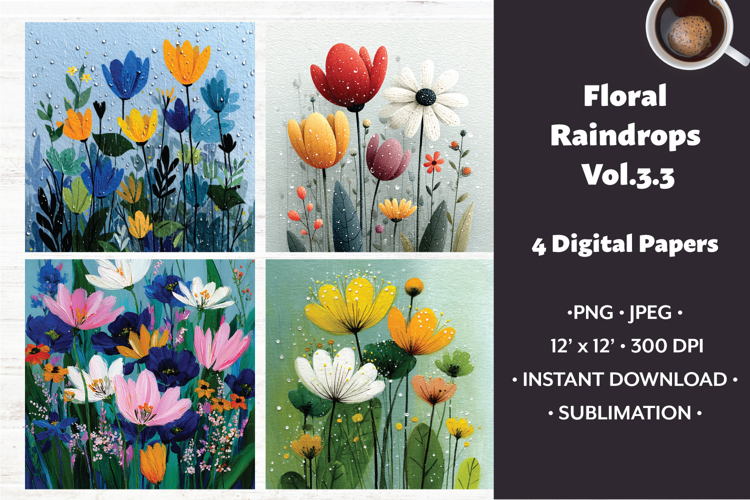 Floral Raindrops Digital Paper Vol. 3.3, 4 PNG & JPEG