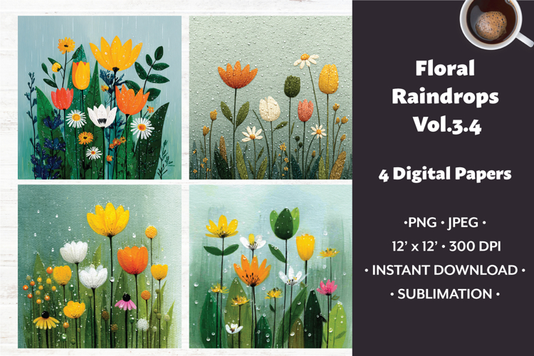 Floral Raindrops Digital Paper Vol. 3.4, 4 PNG & JPEG