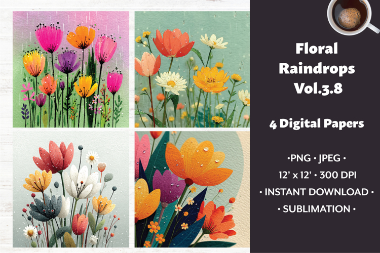 Floral Raindrops Digital Paper Vol. 3.8, 4 PNG & JPEG