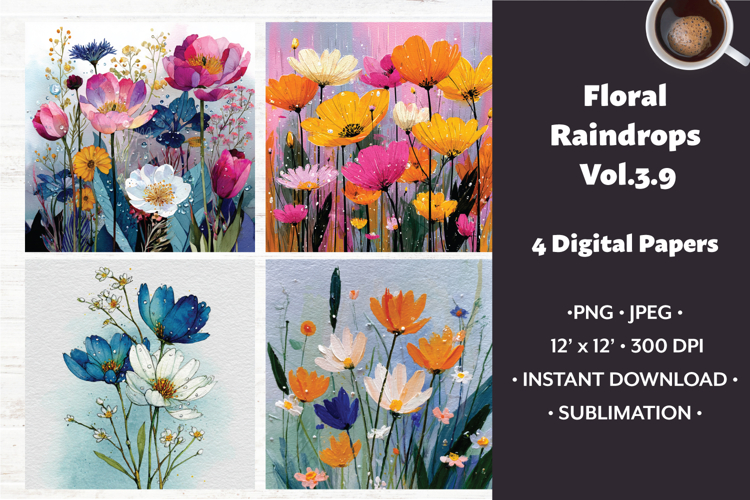 Floral Raindrops Digital Paper Vol. 3.9, 4 PNG & JPEG