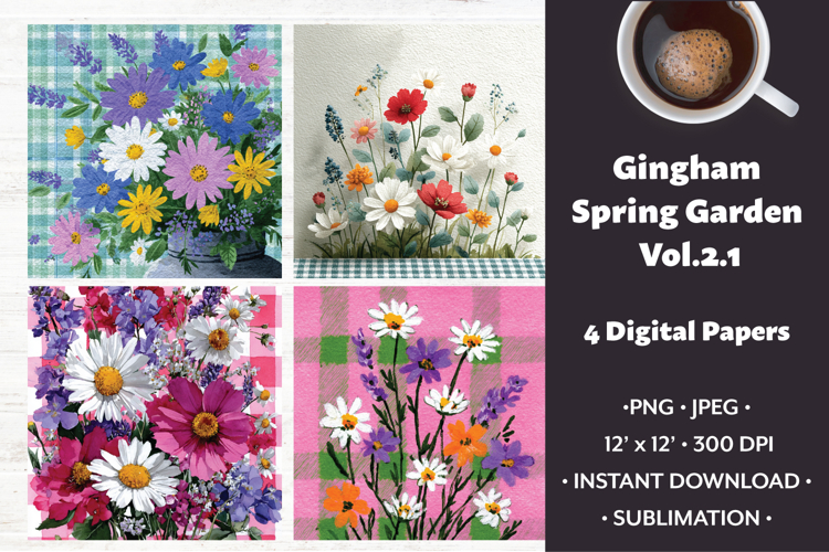 Gingham Spring Garden Digital Paper Vol. 2.1, 4 PNG & JPEG