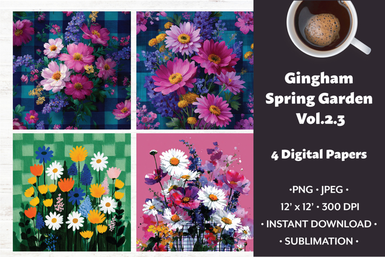 Gingham Spring Garden Digital Paper Vol. 2.3, 4 PNG & JPEG