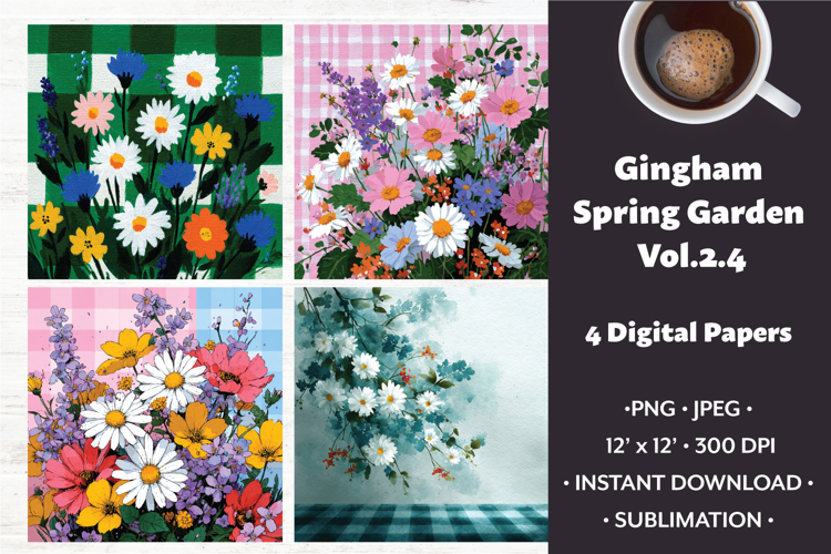Gingham Spring Garden Digital Paper Vol. 2.4, 4 PNG & JPEG