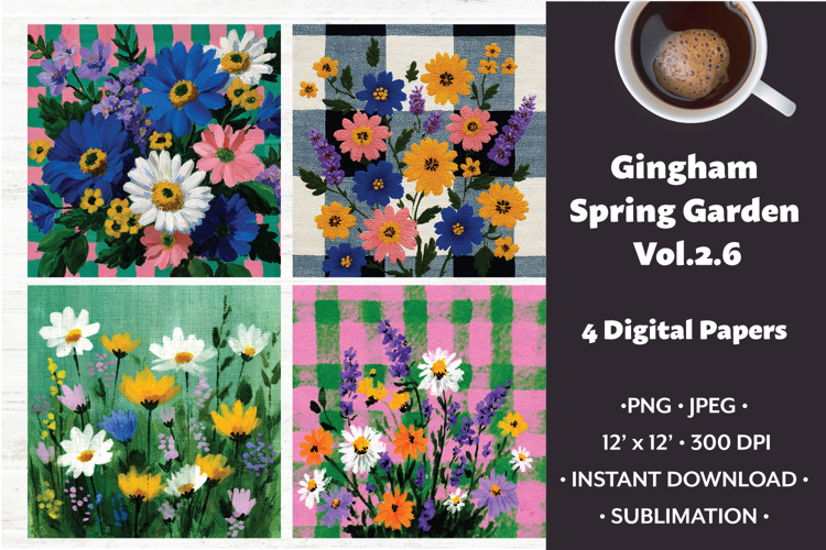 Gingham Spring Garden Digital Paper Vol. 2.6, 4 PNG & JPEG