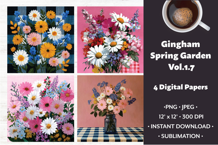 Gingham Spring Garden Digital Paper Vol. 1.7, 4 PNG & JPEG