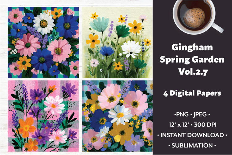 Gingham Spring Garden Digital Paper Vol. 2.7, 4 PNG & JPEG