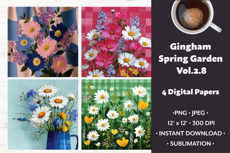 Gingham Spring Garden Digital Paper Vol. 2.8, 4 PNG & JPEG