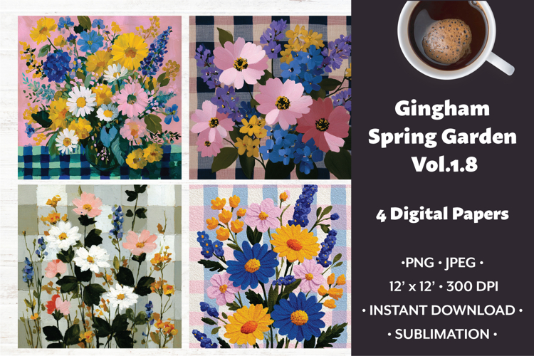 Gingham Spring Garden Digital Paper Vol. 1.8, 4 PNG & JPEG
