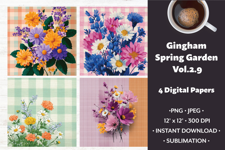 Gingham Spring Garden Digital Paper Vol. 2.9, 4 PNG & JPEG