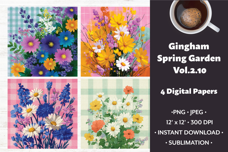 Gingham Spring Garden Digital Paper Vol. 2.10, 4 PNG & JPEG