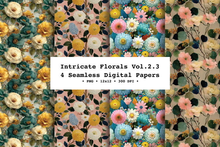 Intricate Florals Seamless Digital Paper Vol.2.3, 4 PNG