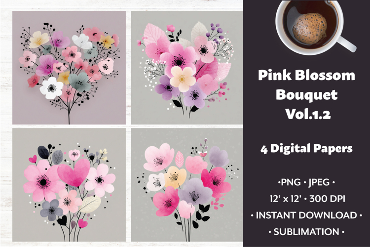 Pink Blossom Bouquet Digital Paper Vol. 1.2, 4 PNG & JPEG