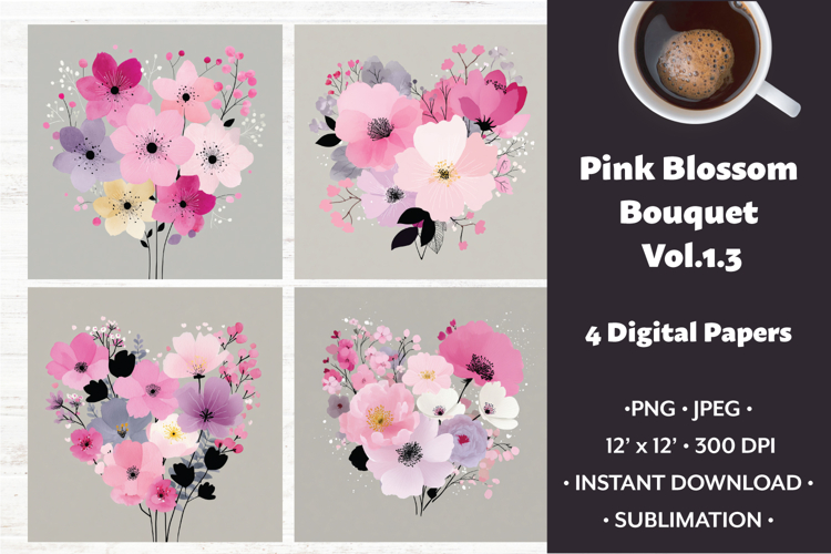 Pink Blossom Bouquet Digital Paper Vol. 1.3, 4 PNG & JPEG