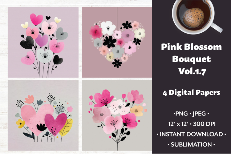 Pink Blossom Bouquet Digital Paper Vol. 1.7, 4 PNG & JPEG