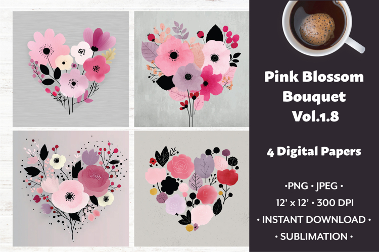Pink Blossom Bouquet Digital Paper Vol. 1.8, 4 PNG & JPEG
