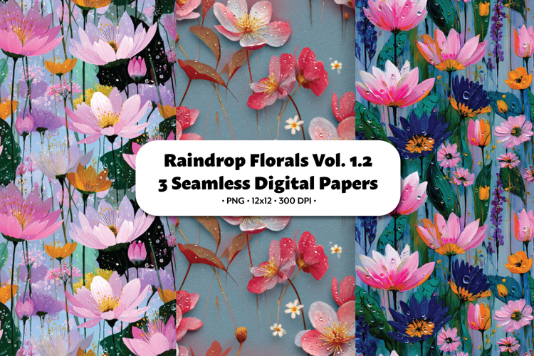 Raindrop Florals Seamless Digital Paper Vol.1.2, 3 PNG