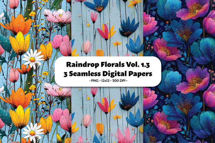 Raindrop Florals Seamless Digital Paper Vol.1.3, 3 PNG