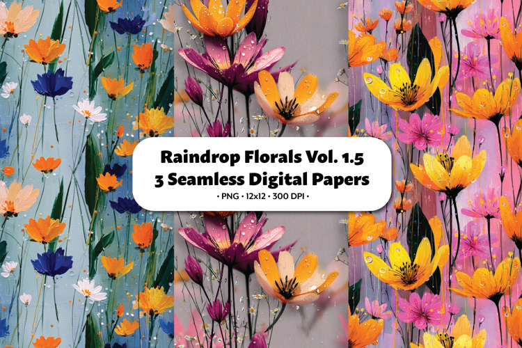 Raindrop Florals Seamless Digital Paper Vol.1.5, 3 PNG
