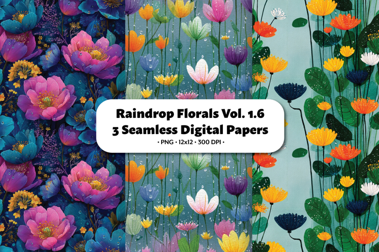 Raindrop Florals Seamless Digital Paper Vol.1.6, 3 PNG
