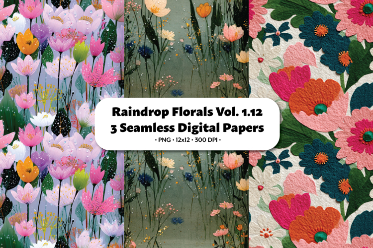 Raindrop Florals Seamless Digital Paper Vol.1.12, 3 PNG
