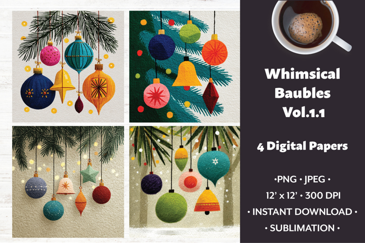 Whimsical Baubles Digital Paper Vol.1.1,4 PNG and JPEG