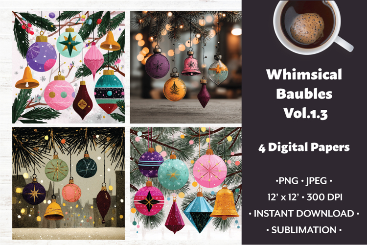 Whimsical Baubles Digital Paper Vol.1.3,4 PNG and JPEG