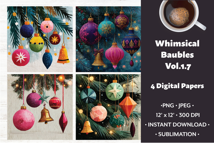 Whimsical Baubles Digital Paper Vol.1.7,4 PNG and JPEG