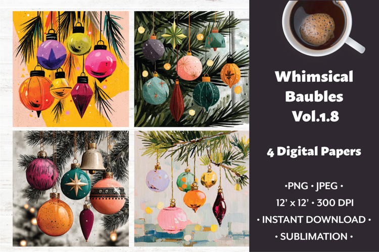 Whimsical Baubles Digital Paper Vol.1.8,4 PNG and JPEG