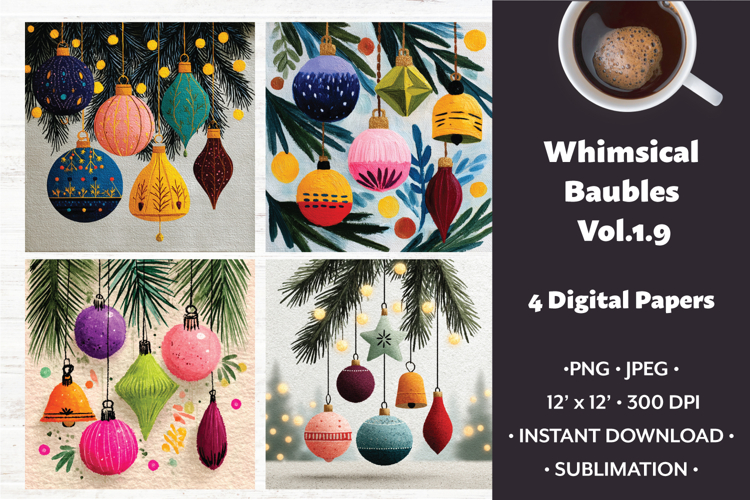 Whimsical Baubles Digital Paper Vol.1.9,4 PNG and JPEG