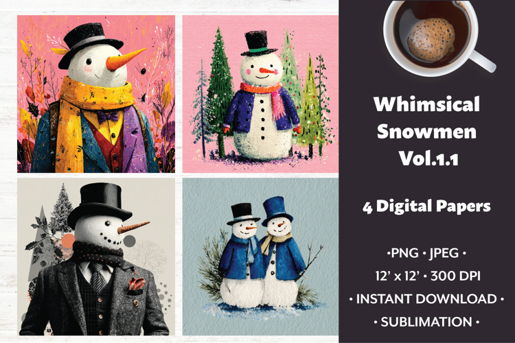 Whimsical Snowmen Digital Paper Vol. 1.1, 4 PNG & JPEG