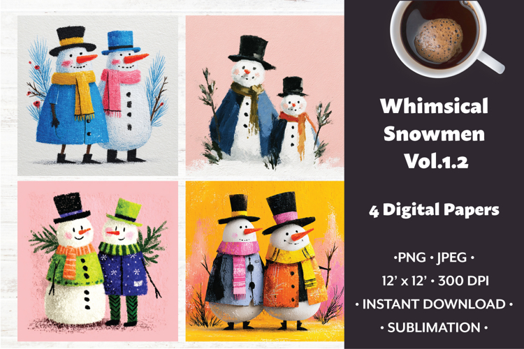 Whimsical Snowmen Digital Paper Vol. 1.2, 4 PNG & JPEG