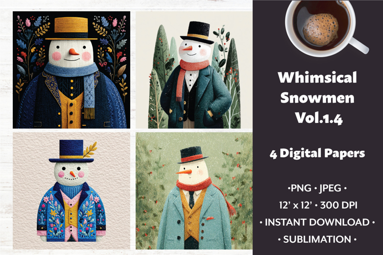 Whimsical Snowmen Digital Paper Vol. 1.4, 4 PNG & JPEG