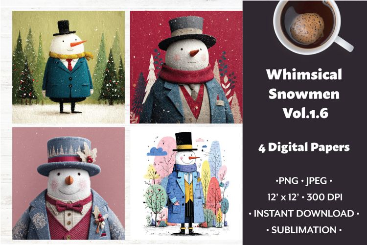 Whimsical Snowmen Digital Paper Vol. 1.6, 4 PNG & JPEG