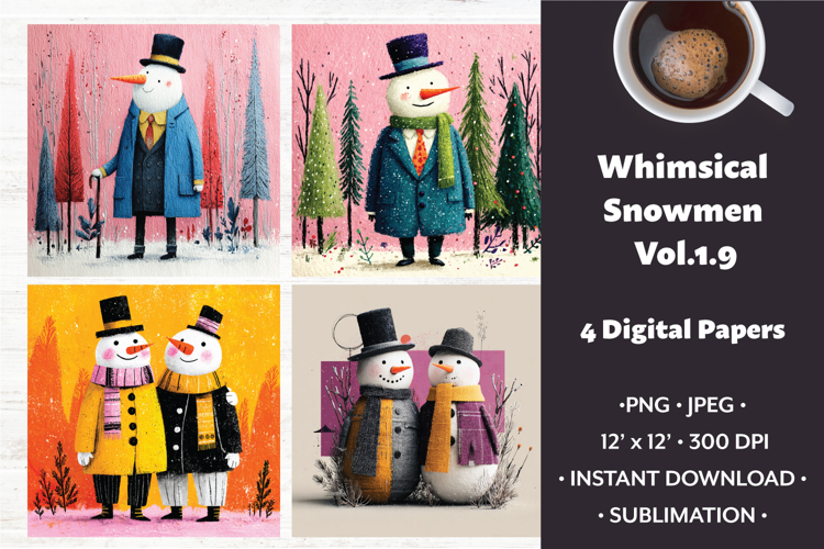 Whimsical Snowmen Digital Paper Vol. 1.9, 4 PNG & JPEG