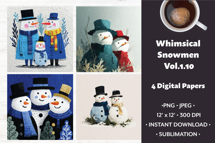 Whimsical Snowmen Digital Paper Vol. 1.10, 4 PNG & JPEG