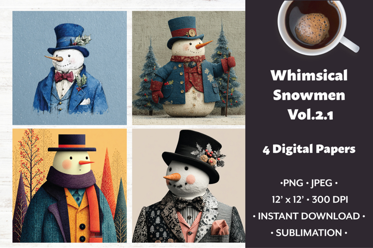 Whimsical Snowmen Digital Paper Vol. 2.1, 4 PNG & JPEG