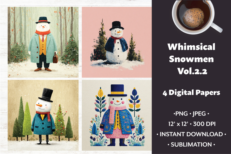 Whimsical Snowmen Digital Paper Vol. 2.2, 4 PNG & JPEG