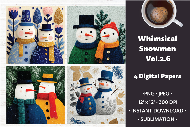 Whimsical Snowmen Digital Paper Vol. 2.6, 4 PNG & JPEG