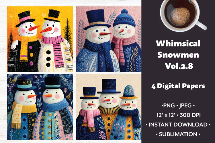 Whimsical Snowmen Digital Paper Vol. 2.8, 4 PNG & JPEG