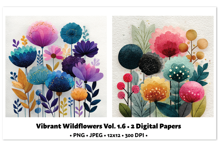 Vibrant WildflowersDigital Paper Vol. 1.6, 2 PNG & JPEG