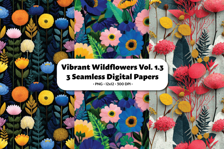 Vibrant Wildflowers Seamless Digital Paper Vol.1.3, 3 PNG